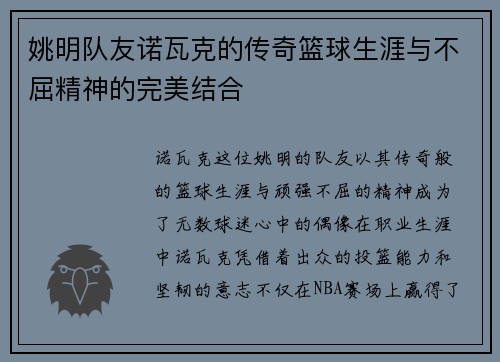 姚明队友诺瓦克的传奇篮球生涯与不屈精神的完美结合
