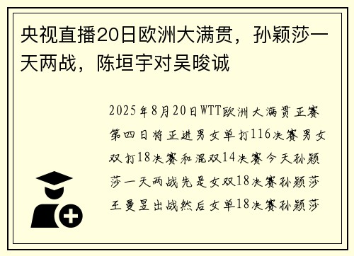 央视直播20日欧洲大满贯，孙颖莎一天两战，陈垣宇对吴晙诚